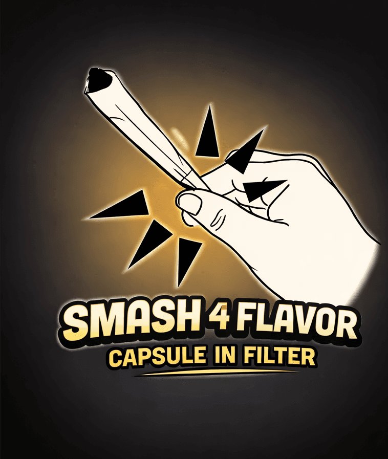 Illustration: hand squeezing the filter to smash the flavor capsule — Smash 4 Flavor, capsule in filter